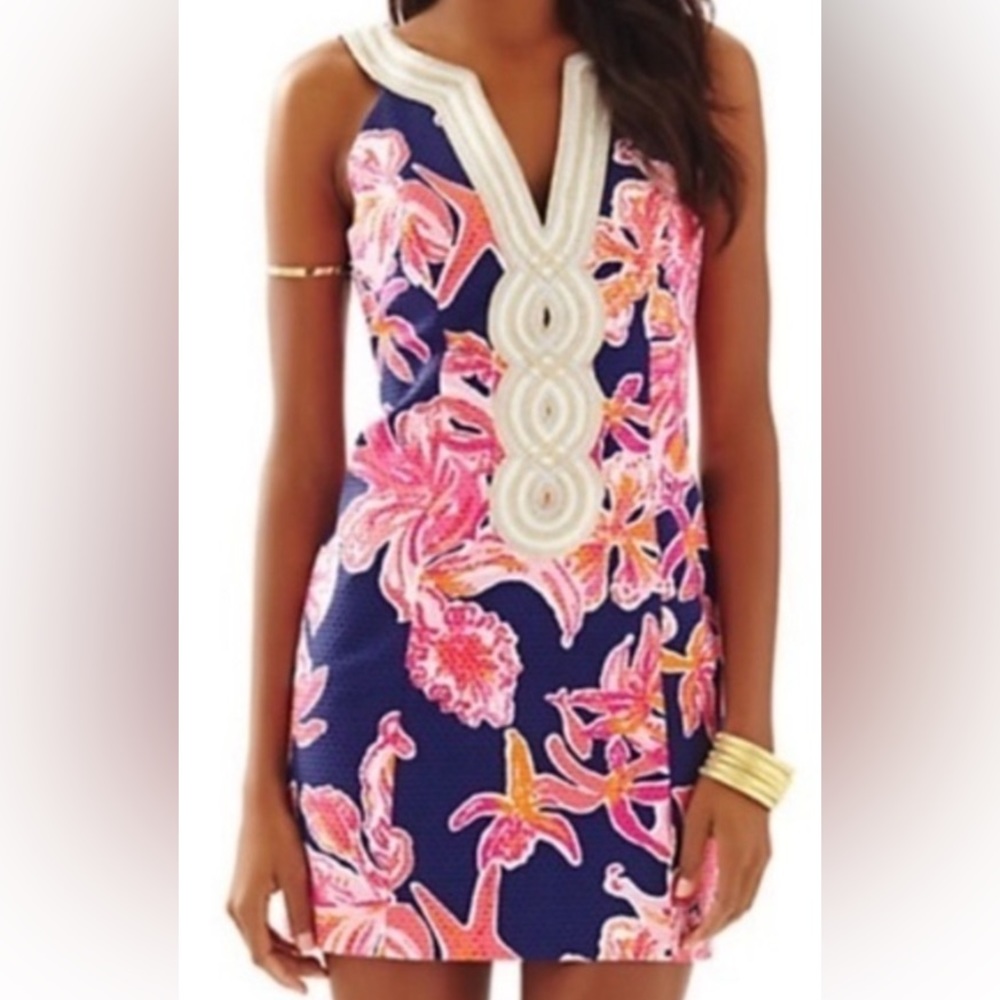 Lilly Pulitzer Valli Shift Dress Sunny Navy Pink Metallic Fully Lined Women Sz 4
